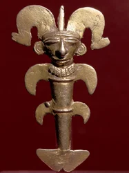 Præcolumbiansk kunst, Quimbaya-civilisationen (Colombia): antropomorft vedhæng i guld. 400-1400 e.Kr. Bogotá, Museo del Oro, Colombia