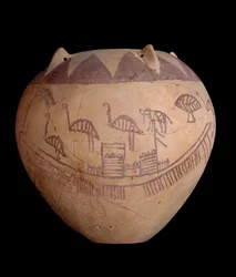 Brændt lerkrukke med malet dekoration, inklusive både og dyr, ca. 3400-3300 f.Kr. (ler)