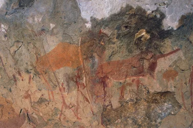 Menneske- og dyrefigurer, bushmener eller san hulemalerier, Maloti-Drakensberg Park (Unescos verdensarvsliste, 2000), Lesotho