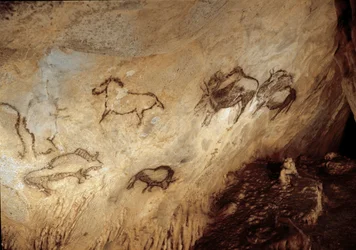 Forhistorie: "" Bison og heste"" Klippemaleri af den øvre palæolitikum (magdalensk) (13000 år siden) Santimamine-hulen fra stenalderen, Guernica, Spanien - Forhistorie: bison og heste - hulemaleri, øvre palæolitikum (magdalensk) (13.000 år siden) ) Sten Ag
