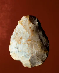 Forhistorie: Litisk fremstilling af biface af Micoquian type. Nedre palæolitikum. Verone, Museo Civico di Storia Naturale, Italien