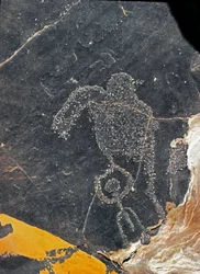 Forhistorie, klippekunst: en gravklippe af en menneskeskikkelse. Stenalder 5000-2000 f.Kr. Taghit, Haut plateau du Hoggar (Ahaggar), Algeriet