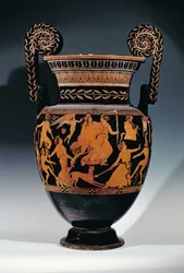Loftsvolutkrater med rød figur dekoreret med en scene af skuespillere og musikere, der forbereder sig til en forestilling, græsk, fra Ruvo, 5. århundrede f.Kr. (keramik) (se også 119444, 119446-7)