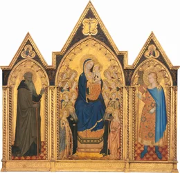 Madonna og barn troner med hellige og engle og hellige Anthony Abbot..., 1354