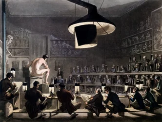 Tegning fra Life at the Royal Academy, Somerset House, London, fra Microcosm of London af R. Ackermann, 1810 (farvet akvatint)