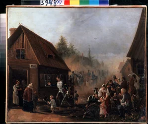 Scene fra den russiske franske krig i 1812 (Scene fra den russiske franske krig i 1812). Maleri af Pyotr Ilyich Baykov (1817-?). Olie på lærred, 45,3 x 55,5 cm