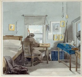 På arbejde. I House of Pavel Nashchokin (1801-?) (Moskva). (På arbejdet. I Pavel Nashchokin House). Pyotr Work (Piotr) Fyodorovich Sokolov (Pierre Sokolov) (1791-1848), akvarel på papir