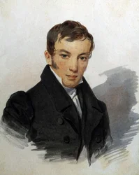 Portræt af Vasily Joukovski (1783-1852), russisk digter (Portræt af digteren Vasily Zhukovsky). Værk af Piotr (Pyotr) Fiodorovitch Sokolov (Peter Sokolov) (1791-1848), ca. 1820. Akvarel på papir. Sankt Petersborg, Museum A. Pushkin Memorial Museum