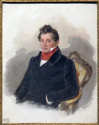 Portræt af Decembrist (eller Decabrist) Mikhail Vielgorsky (1788-1856). (Portræt af Decembrist M. Vielgorsky). Værk af Pyotr (Piotr) Fyodorovich Sokolov (Pierre Sokolov) (1791-1848), akvarel på papir, ca. 1840. Russisk kunst fra 1800-tallet, romantik.