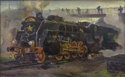 Lokomotiv IS20 par Smukrovich, Pyotr Iosifovich (1878-1942). Olie på lærred, størrelse: 55x89