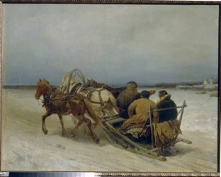 Trojka om vinteren. (Traditionelt russisk træk, trukket af tre heste). Maleri af Pyotr (Piotr) Petrovich Sokolov (1821-1899), olie på lærred