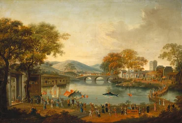 Procession ved en sø (olie på stof)