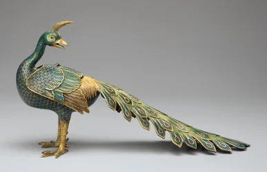 Cloisonné-røgelseskar i påfugleform