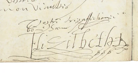 Underskrift på et brev fra Elizabeth I af England til Henri IV af Frankrig, ca. 1596