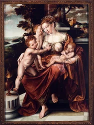 Charity allegorier. Maleri af Jan Massys (Matsys eller Metsys eller Matsijs) (1509-1575) 1549-1550 Dim.126x93 cm Genes, Musei di Strada Nuova (ex Palazzo Bianco)