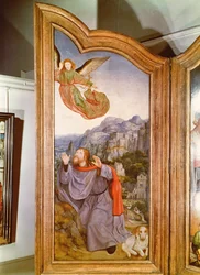 Det hellige slægtskab eller St. Annes altertavle, detalje på venstre panel, der viser bebudelsen til Joachim, 1509