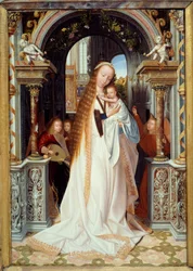 Jomfru og barn med tre engle (Centralt panel af en triptykon). Maleri af Quentin Metsys (1466-1530) (flammeskole) 1509 Dim. 0,54 x 0,37 m Lyon, musee des Beaux Arts - Jomfru og barn med tre engle. Centralpanel af en triptykon. Maleri af Quentin