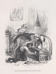 Tilbage er kun at lukke den velsignede kuffert! fra Menneskelivets små elendighed, 1843..