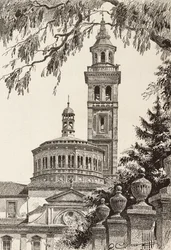 Beata Vergine dei Miracoli Sanctuary, Saronno, Italien, gravering fra en tegning af Quinto Cenni, fra L