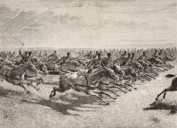 Hesteartilleri af den italienske hær passerer i fuld galop, Lombardiet, Italien, gravering fra en tegning af Quinto Cenni, fra L
