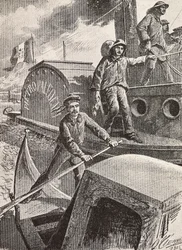 Italienske militæringeniører, lagunebrigade, på arbejde i deres nye uniformer, gravering fra tegning af Quinto Cenni, fra L