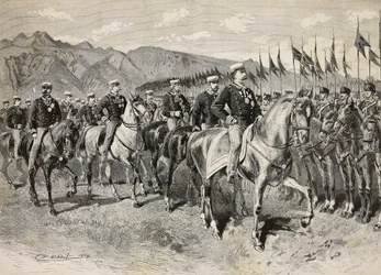 Kong Umberto I inspicerer Firenze-lanterne, med general Martin di Montu bag sig, 28. september, kavaleriøvelser i Pordenone, Italien, stik efter tegning af Quinto Cenni, fra L