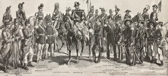 Piemontesisk hær i 1859: infanterister, artillerister, ingeniører, grenaderer, officerer, generaler, spydmænd, kavalerister, riffelmand, gravering fra tegning af Quinto Cenni, fra L
