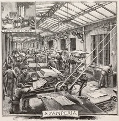 Trykkeri i Fratelli Treves forlag, Milano, Italien, gravering fra tegning af Quinto Cenni, fra L