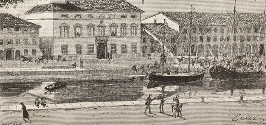 Rådhuset og havnekanalen, Cesenatico, Italien, gravering fra en tegning af Quinto Cenni og en skitse af Ulisse Topi, fra L