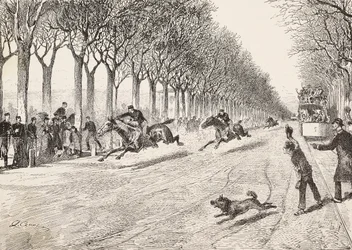 Tre modstandsofficerer, der deltager i hestevæddeløb, Tredje Savoy-regiment, mellem Milano og Monza, Italien, gravering fra tegning af Quinto Cena, fra L
