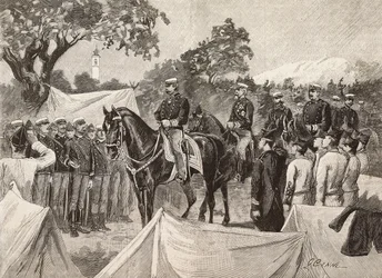 Umberto I (1844-1900), konge af Italien, med nogle officerer, på besøg i militærlejre, 11. september