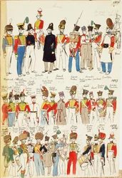Diverse uniformer fra 1826 til 1829. Farveplade af Cenni Quinto