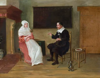Et interiør med en siddende mand og kvinde (olie på panel)
