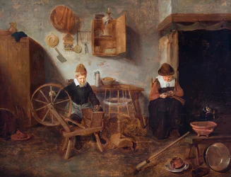 Et interiør med en gammel mand, der spinder, og en gammel kvinde, der syr ved siden af et bål (olie på panel)