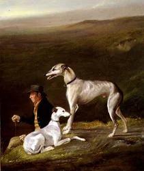 Old Sandy, træner for Alexander Graham, med to Greyhounds i et højlandslandskab (olie på lærred)