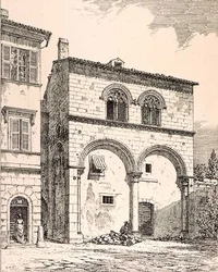 Hus på Piazza del Duomo, Viterbo, Italien, fra 