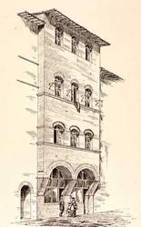 Udsigt over et murstenshus, Montepulciano, Italien, fra 