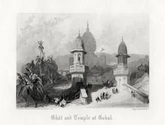 Ghat og templet i Gokul, Indien, c1838.