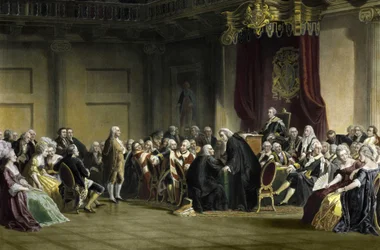 Benjamin Franklin (1706-1790), amerikansk filosof, fysiker og statsmand over for Lords of the Privy Council, Whitehall Chapel, London