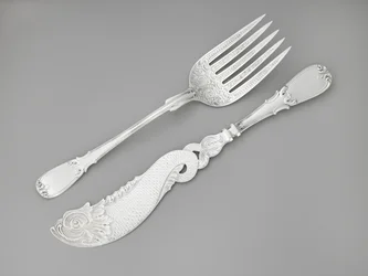 Fiskegaffel og kniv, ca. 1835-1845 (sølv)