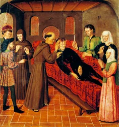 Opstandelse af en mand, der døde af sine sår, detalje fra venstre panel af St. Bernand-altertavlen af Rafael Tomas (aktiv 1455-1479), predella af Joan Figuera (aktiv fra 1454-død 1477 eller 1479), tempera på panel, 398, 9x253 cm