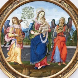 Tysk: Maria mit dem Kind und musizierenden Engeln Madonna og barnet med to musicerende engle