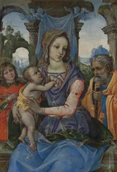 Madonna og barn med Saint Joseph og en engel.