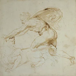 Hercules overmander en løve (pen og brunt blæk på hvidt papir)