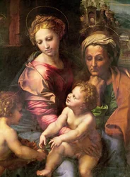 Den hellige familie (eller perlen), detalje: Jomfruen, Saint Elizabeth og barnet, ca. 1518 (olie på træ)