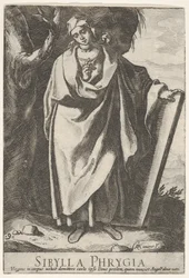 Plade 9: den frygiske sibylle, der holder toppen af en tablet med venstre hånd og peger mod..., 1609.