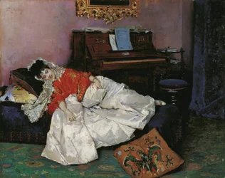 ""Læsningen"" Portræt af Aline Masson vetue a la japonaise (Japonisme) Maleri af Raimundo de Madrazo y Garreta (1841-1920) 1883-1885 Museo Carmen Thyssen, Malaga Spanien