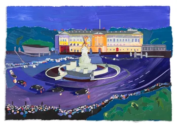 Crowds at Buckingham Palace, 2023 (akryl og collage på papir)