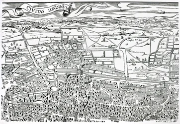 Detalje af London nord for byen fra Civitas Londinium (træbloktryk)