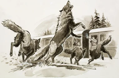 Passagerer i et snedækket tog kæmper mod sultne ulve (gouache på papir)
